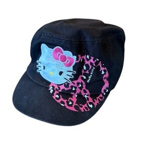 Sanrio Hello Kitty Black cadet-style Cap Pink Leopard Print Peace Sign Cotton